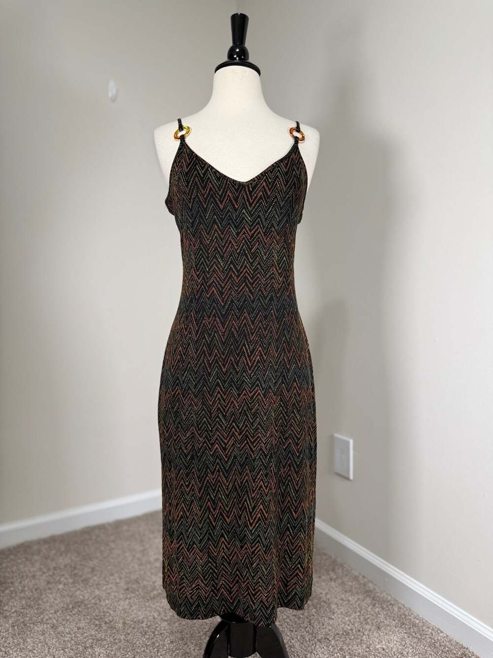Vintage 1990s Black Zig Zag Knit Slip Midi Dress Y2K Indie Sleaze Party Festival